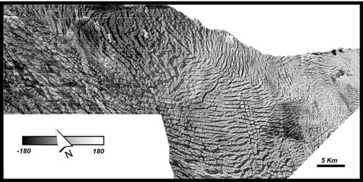 Plan view of a seismic horizon just beneath the top of the Tampen Slide. This display shows variations in amplitude, interpreted by Joana Gafiera and co-workers (J. Geol. Soc. 2010) as reflecting fractures and faults akin to crevasses in a glacier.